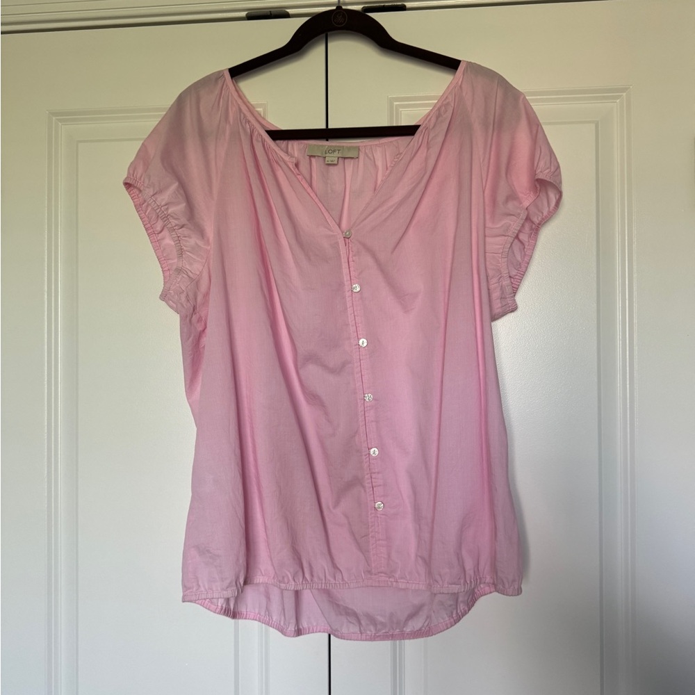 LOFT Women’s Short Sleeve Pink and White Stripe Blouse Size XL